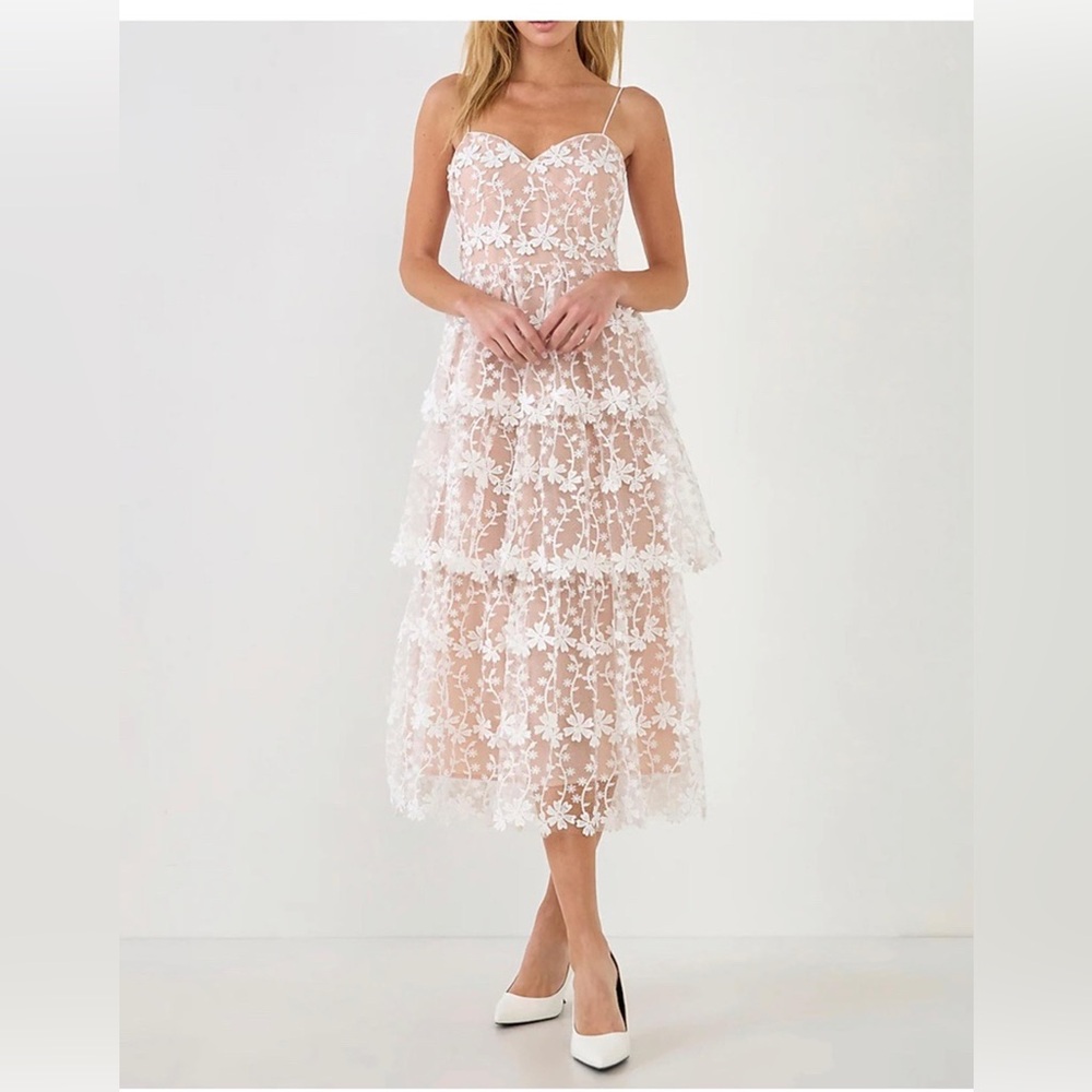 Endless Rose White Floral Lace Tiered Midi Dress with Nude Lining